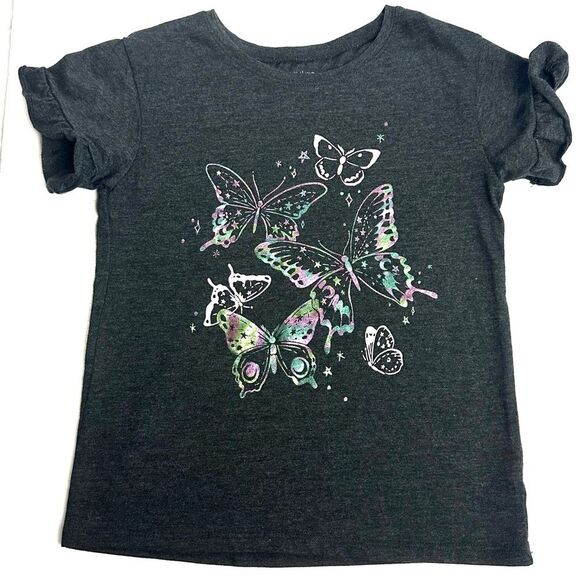 Jumping Beans Softest Tee Girls Grey Short Ruffle Sleeve Butterflies Sz 7 - Picture 1 of 8